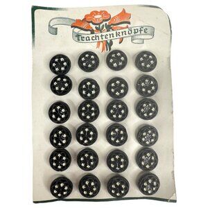 VTG 24 German Shank Buttons Hand Painted White on Black On Card Sewing Germany